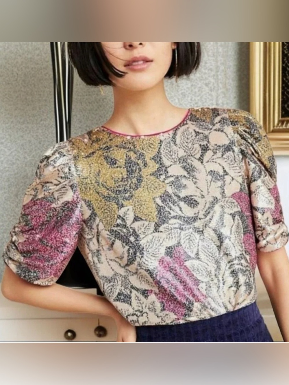 Anthropologie Marie Sequined Floral Puff Sleeve Blouse. Wmn’s Size 4. NWT!